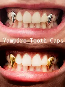 Vampire Gold Teeth Grillz for Women Grills for Your Teeth Men Gold Tooth Cap Grillz for Women Golden Tooth Jewelry Mouth Grills Men Hip Hop Rapper Outfits Custom Accessory Halloween Party Vampire Theme