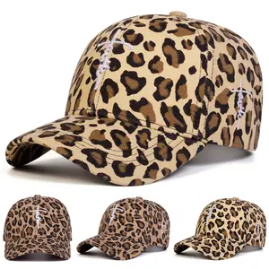 Unisex Letter Cross Embroidered Leopard Baseball Cap Outdoor Adjustable Sunscreen Leisure Hat Spring Autumn Travel Tourism Beach Vacation
