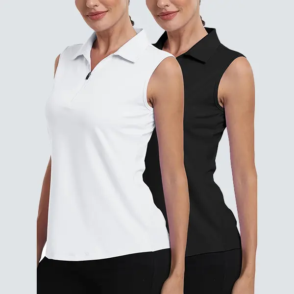 Veldtholos Women's 2-Piece Sleeveless 1/4 Zip Golf Polo Shirts & Tank Top, White & Black Golf Wear with Tennis Attire, Workout Tops for Athletic Active Women