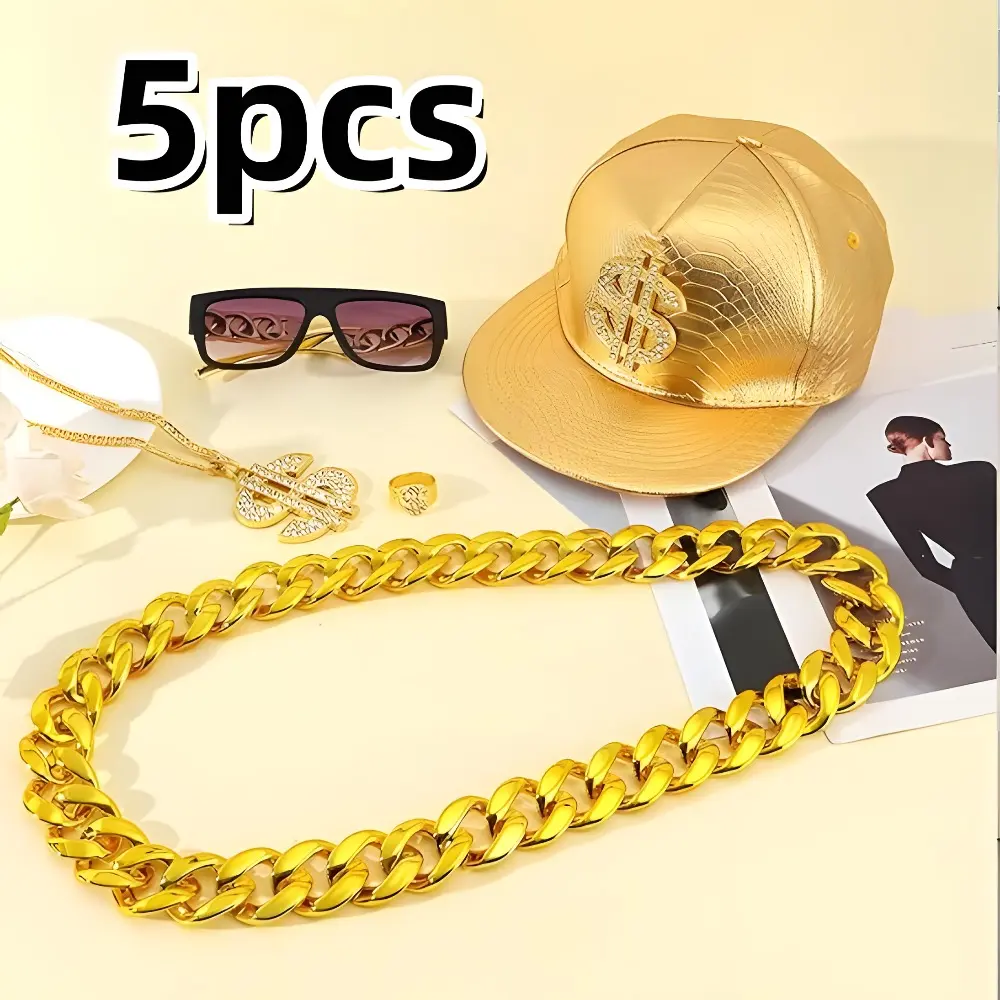 Dog & Cat Classic 5-Pack Hip-Hop Clothing Set - 80s-90s Retro Costume Suitcase, Golden Dollar Sign, Rapper Hat, Punk Rock Rhinestones Long Chain Necklace, Sunglasses, Ring for Halloween, Birthdays Themed Parties