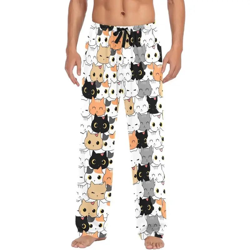 Men's Cute Cat Pajama Pants Cotton Soft Comfy Straight-Fit Lightweight Pj Bottoms