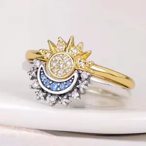 2-in-1 Sun & Moon Stackable Ring | Adjustable Open Band with Sparkling Cubic Zirconia | Gold Silver Plated Celestial Ring for Women