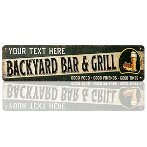 Backyard Bar & Grill Decor Personalized Vintage Distressed 16x4 Inch Waterproof Rustproof Fade Resistant Flat Aluminum Metal Sign Beer & Burger Wall Art for Backyard BBQ Lovers Perfect Gift Patio/Outdoor Wall Decoration