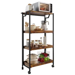 Brown Heavy Duty 4-Tier Collapsible Wooden Storage Cart - 100 lbs Capacity, Lockable Wheels, No Assembly Needed, Rolling Utility Rack for Kitchen & Room, Tall Cabinet Shelf