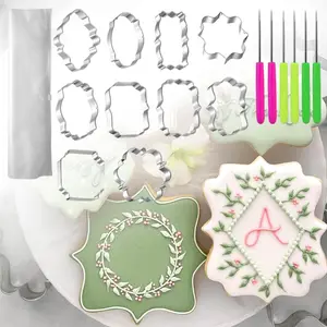 10 Shapes Frame Cookie Cutters with 6 Cookie Scribes & 1 Storage Bag, Plaque Fondant Dough Cutters Baking Tools Kitchen Accessories for Home Daily Holiday Party gift