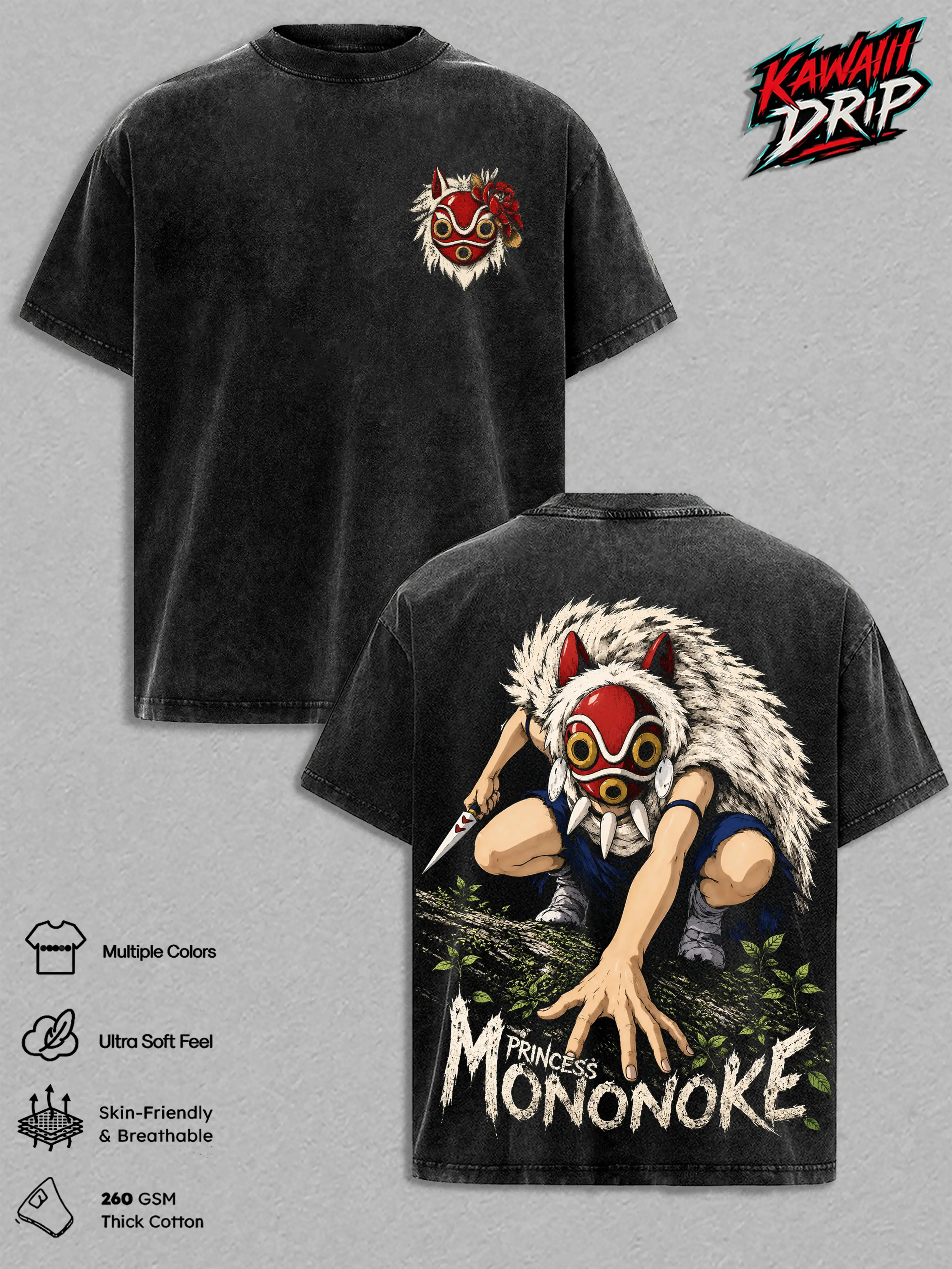 San Wolf Princess Vintage Washed Anime T-Shirt Retro Graphic Tee Heavy Cotton Oversized Unisex Streetwear Shirt Studio Ghibli Inspired Anime Gift For Men Women Princess Mononoke Apparel Y2K Harajuku Style Trendy TikTok Fashion Cosplay Casual Top Wear Fit