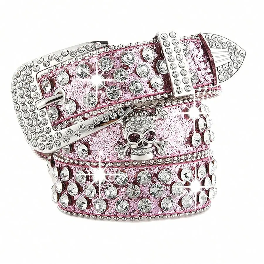 LUNA LAYER Womens Y2K Goth Glitter Rhinestone Skull Metallic Studded Belt