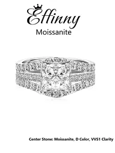 Effinny 14K Gold Plated Synthetic Lab Created Moissanite 2.0Carat Excellent Princess Cut D Color VVS1 Wedding Ring Set with Enhancer, 2PC Fashion Promise Jewelry for Women, Wedding, Female