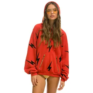 BOLT STITCH REPEAT RELAXED PULLOVER HOODIE WITH POCKET ZIPPERS - RED // BLACK