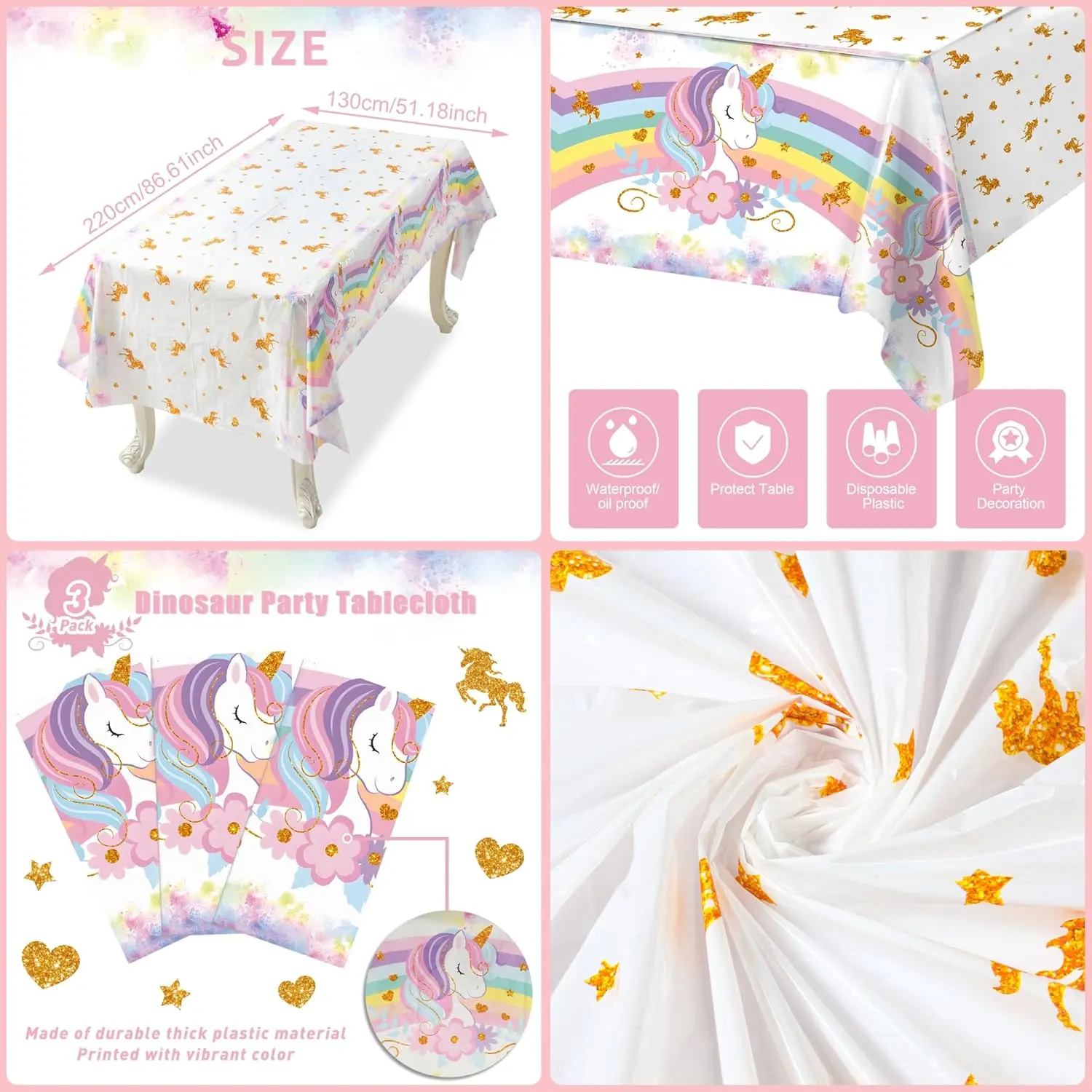 3PCS Polyethylene Unicorn Tablecloths, Pastel Rainbow Disposable Table Covers for Kids' Birthday Decorations, 51x86.6 in Festive Party Supplies