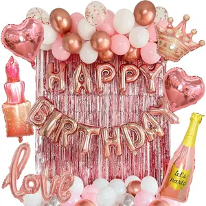 71-Piece Rose Gold Birthday Decorations-Party Backdrop With Latex, Foil & Confetti Balloons, Happy Birthday Banner & Rose Gold Foil Fringe Curtains