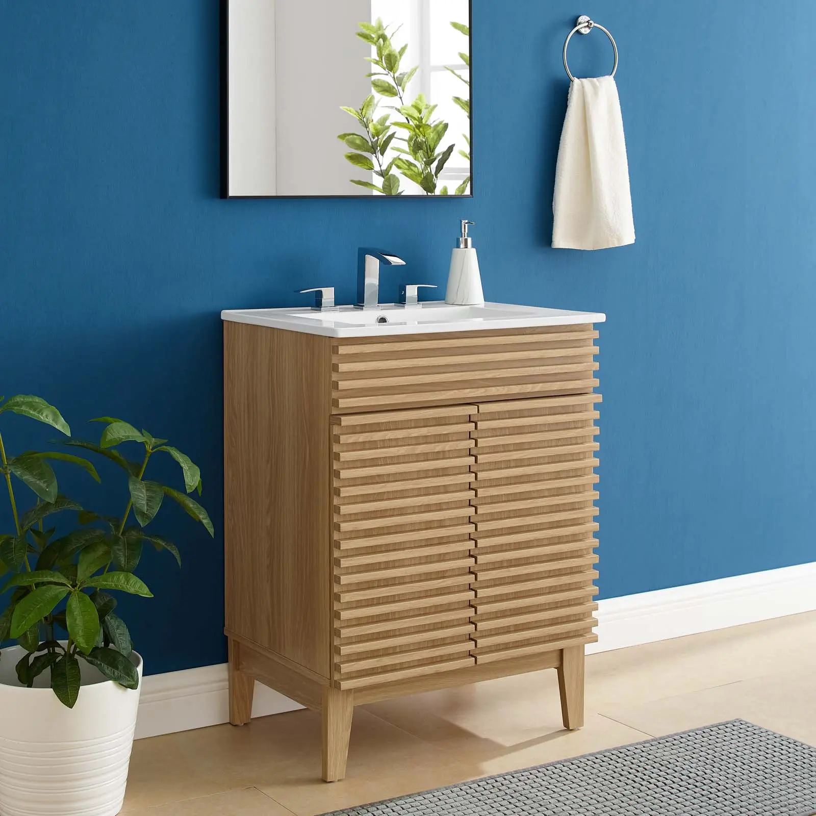 Modway Render Single Unit Bathroom Vanity, Mid-Century Oak White Bathroom Storage Cabinet with Curved Basin, Particleboard Construction