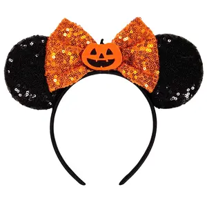 Halloween Headband - Black Mouse Ears Headband with Shiny Orange Bows and Pumpkin Decoration, Costume Headwear for Girls Women, One Size Fits Most