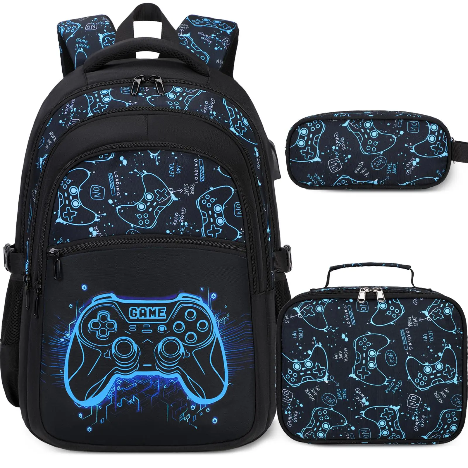 3PCS(Boys Backpack with Lunch Bag & Pencil Pouch)-Blue Floral Game Console