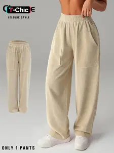 Women's Corduroy Casual Long Pants, Simple Design, All Seasons Wear, Fitted Style, Elastic Waist, Plain Pattern, Regular Length, Casual Chic Bottoms