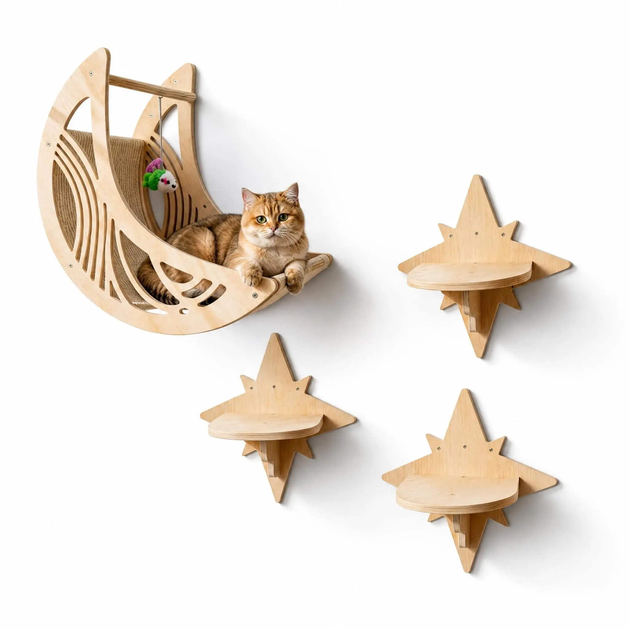 Garvee Wall Mounted Cat Shelves Set, Wooden Moon Cat Bed Hammock