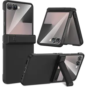 for Z Flip 7 Case, Galaxy Z Flip 7 Case with Hinge Protection & Hidden Foldable Kickstand & Built-in Screen Protector, Support Wireless Charging Shockproof Phone Cover, Black