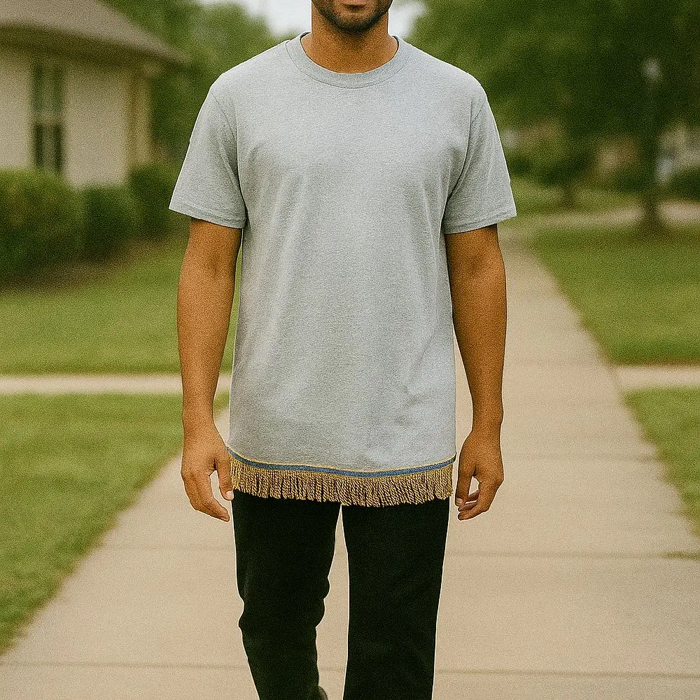 Gray Fringed Man T-Shirt - Long Sleeve Top with Framed Edge, Suitable for Men - Menswear