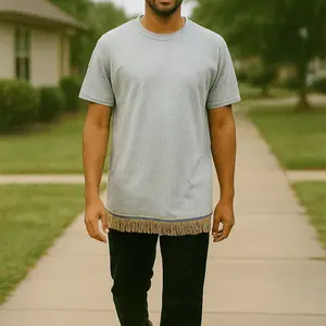 Gray Fringed Man T-Shirt - Long Sleeve Top with Framed Edge, Suitable for Men - Menswear