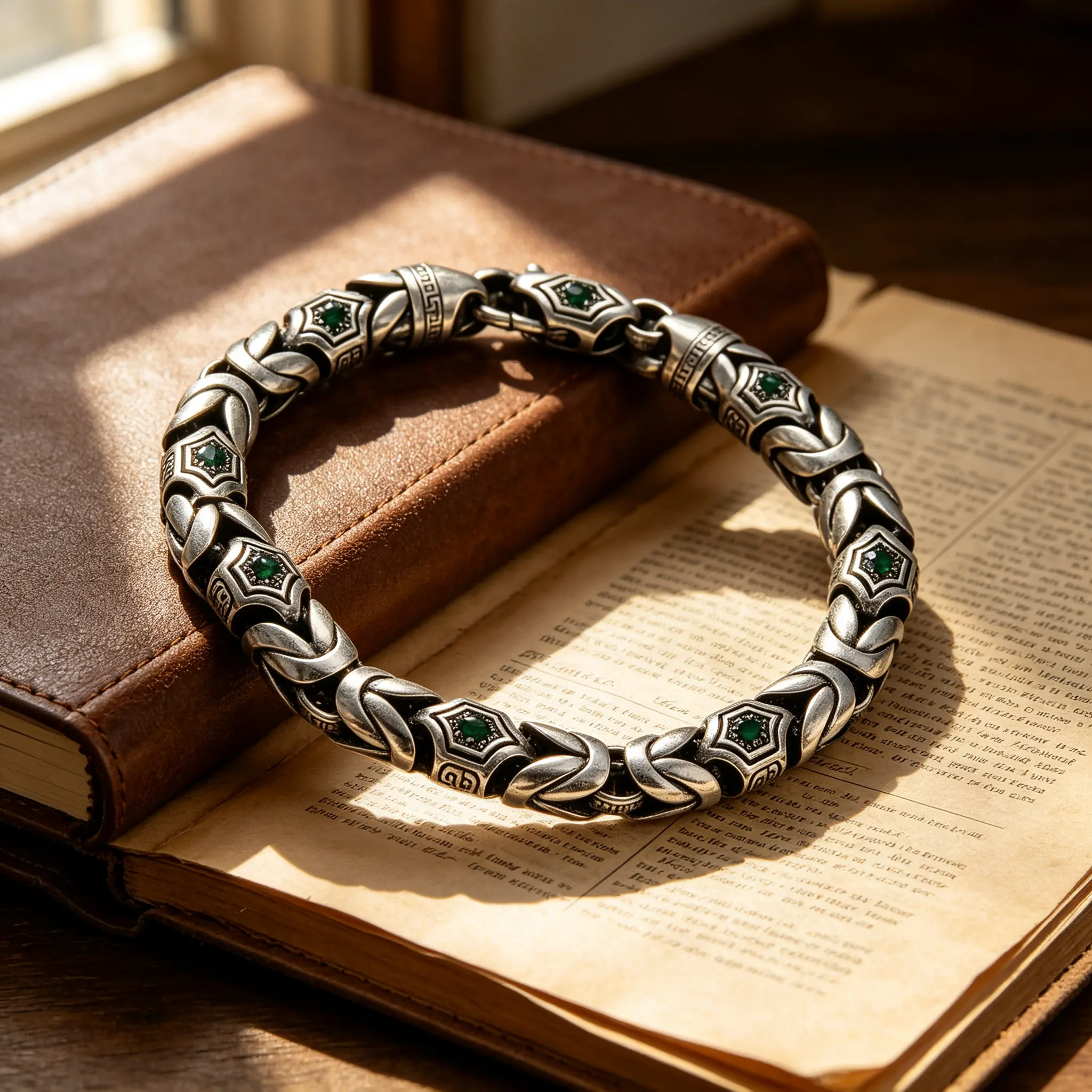 Men's 925 Sterling Silver Byzantine Bracelet - Vintage Oxidized Chain with Emerald Accent, 7/8/9 in Fashion Costume Jewelry
