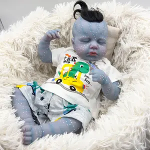 20" Glow-in-the-Dark Avatar Reborn Baby Doll with Fantasy Blue Skin Luminous Markings Rooted Hair Soft Cloth Body Dinosaur Outfit Magnetic Pacifier Gift Box