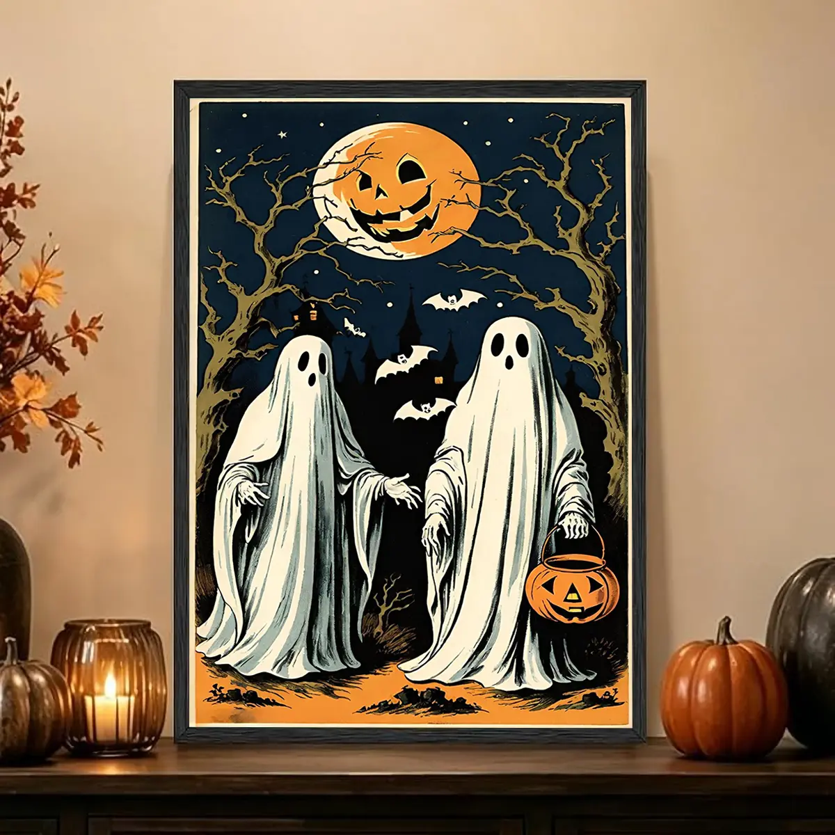 Retro Halloween ghosts and pumpkins, spooky night vintage art, minimalist artwork, 2D flat print canvas wall art poster, wall decoration for home and bedroom, festive bedroom decor, ideal gift for autumn home & holiday decoration