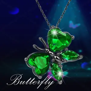 1Pc Creative Elegant Green Heart Shaped Artificial Crystal Black Butterfly Pendant Necklace for Women Exquisite Women's Insect Party Jewelry Stainless Steel Chain Girls Birthday Holiday Accessories Gift