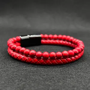 Red Leather Bracelet with Red Turquoise 6mm Beads