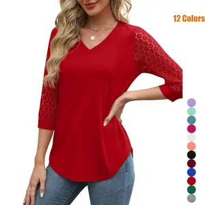 3/4 Length Sleeve Womens Tops V-Neck Lace Tunic Tops Business Casual Blouses Spring/Summer 2026 collection