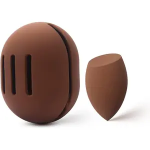 Beauty Sponge with Case, Non-Latex Makeup Blender with Holder of Premium Silicone for Blending Liquid Foundations Cosmetics, Travel Sponge Holder, Soft and Skin-Friendly - Brown