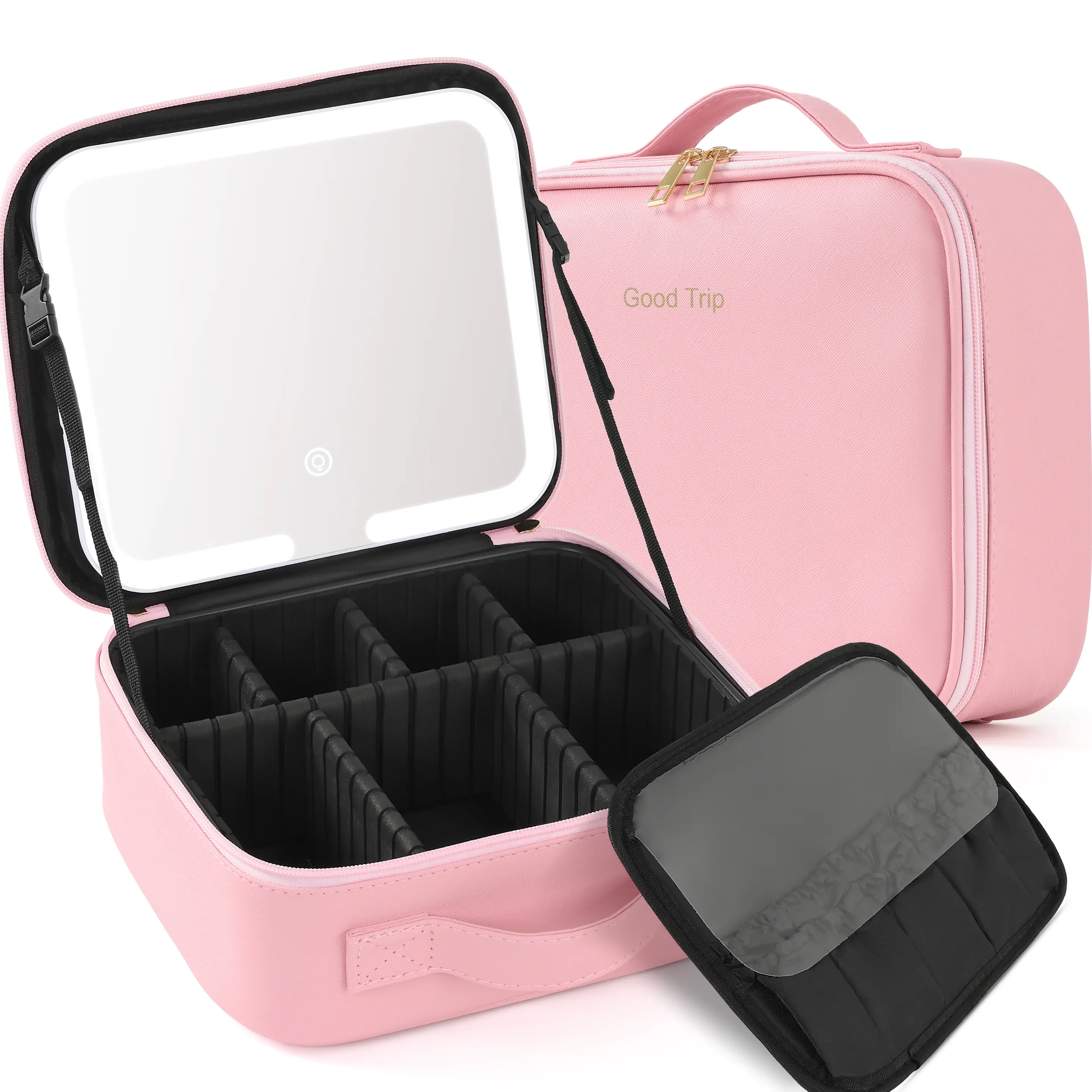 MULTIONS Makeup Case with Lighted Mirror 3 Color Setting,Travel Makeup Bag with Led Mirror with Adjustable Divider,Light Up Makeup Bag Cosmetic Organizer for Makeup Brush,Women Makeup Accessories,Tools Case for Mom Love Gifts