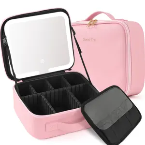 MULTIONS Makeup Case with Lighted Mirror 3 Color Setting,Travel Makeup Bag with Led Mirror with Adjustable Divider,Light Up Makeup Bag Cosmetic Organizer for Makeup Brush,Women Makeup Accessories,Tools Case for Mom Love Gifts