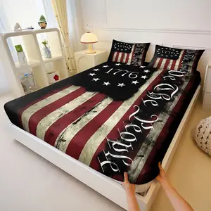 3PcsAmerican Flag Vintage Style Printed Fitted Sheet Set, Bedding Set with 'We The People' & '1776' Gothic Text, Grungy Distressed Digital Print Bedding, Perfect for Patriotic Bedroom Decor, Includes 2 Pillowcases, No Pillow Core