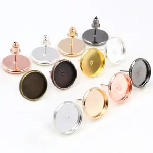 12mm 10mm 8mm 50pcs/Lot Brass Copper Material Earring Studs(with Ear plug) Earrings Base,Fit 8-12mm Glass Cabochons