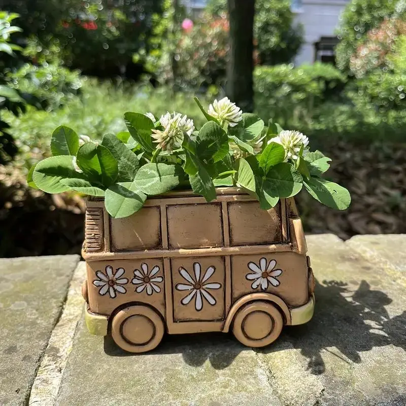 Vintage Hippie Van Resin Planter, Decorative Garden Planter, Creative Flower Pot, Unique Pots for Indoor & Outdoor Decor, Versatile Room Accent, Car Model, Garden Supplies