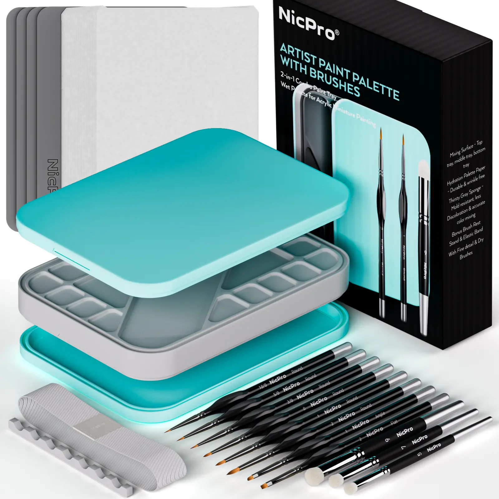Nicpro Miniature Painting Kit with Wet Palette & 11 Pack Detail Paint Brushes Drybrush, 100 Pack Wet Pallet Paper, 4 Pack Sponge, Brush Holder Mixing Paint Saver Palette for Model Painting
