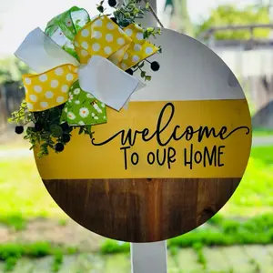 Welcome to Our Home Springy Door Hanger with Polka Dot Bow and Greenery for Festive Decoration