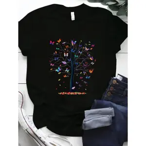 Butterfly Tree Print T-Shirt, Short Sleeve Crew Neck Casual Top For Summer & Spring, Women's Embroidered Flat Cotton Sweatshirt