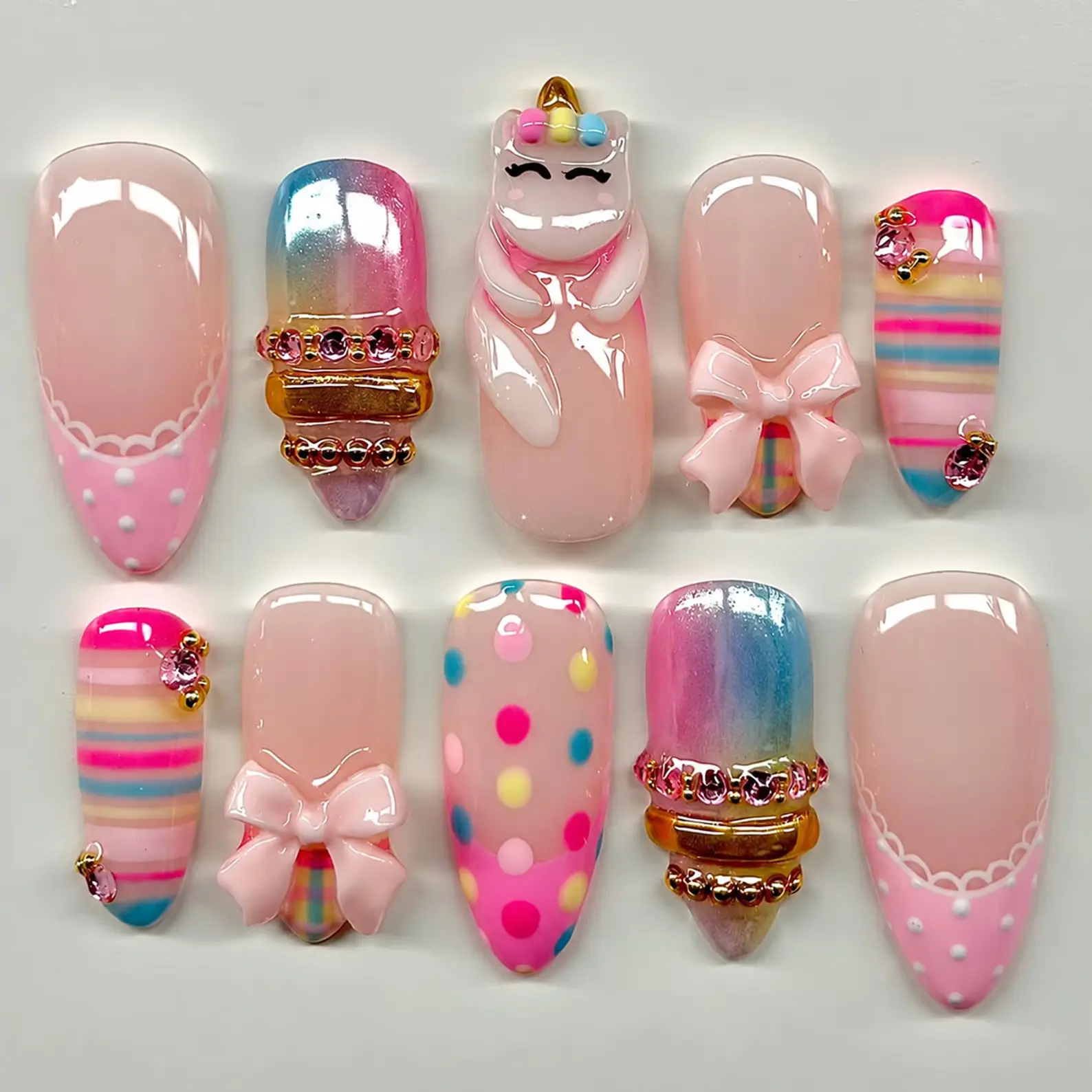 Fake Nails, Pink Partylicious Unicorn Press-On Set with 3D Kawaii Bow, Striped Rhinestone Decorations for Nail Art