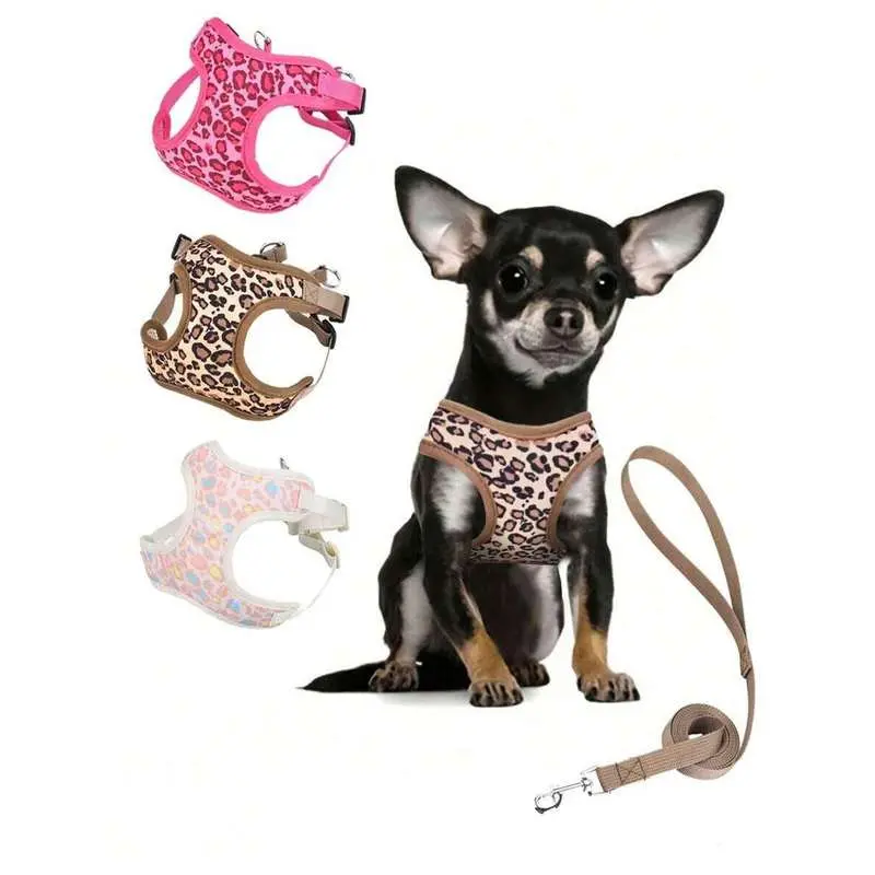 Leopard print pet leash set, made of breathable mesh fabric, includes a 1.5m long leash, suitable for small/medium-sized dogs and cats, adjustable size, with reflective stripes for nighttime visibility, available in leopard rose and brown leopard print