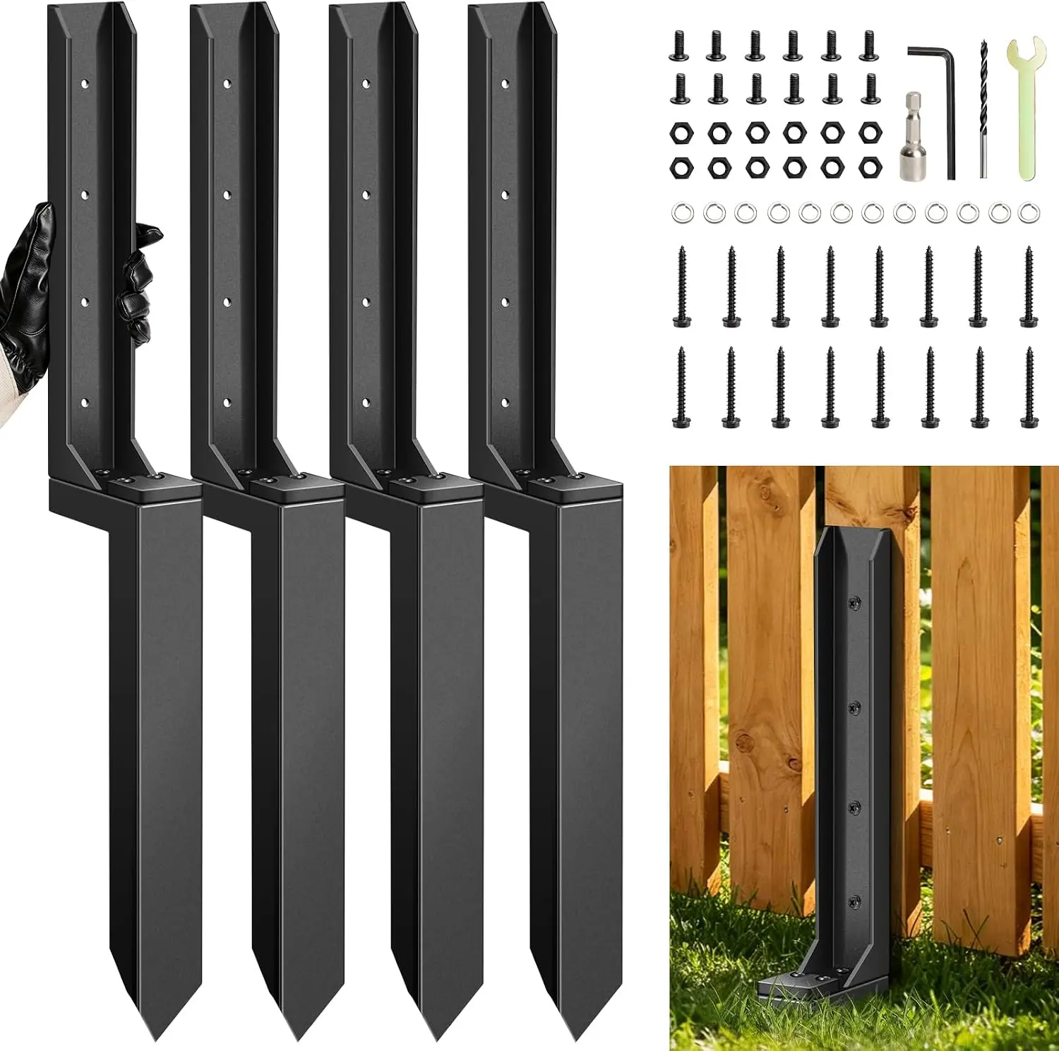 4-Pcs Steel Electrophoretic Rust-Proof Garden Fence Post Repair Kit - Heavy-Duty 32in Triangular Outdoor Ground Stakes Anchor for Tilted or Broken Wood Supports in Courtyards