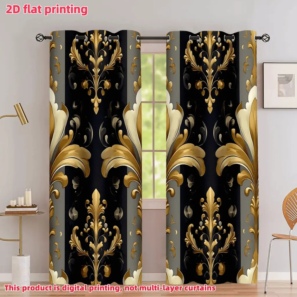2D Flat 2Pcs Black Golden Baroque Damask Patterned Curtains, Rod Pocket, Perforated, Semi-Sunshade Polyester, for Home Living Room Bedroom Balcony Kitchen Study Window Decoration, Accessory, Anti-Privacy.