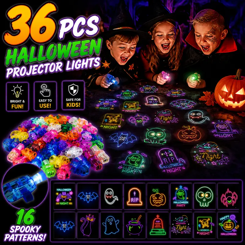 36/72/108 PCS Halloween LED Finger Lights with 16 Projection Patterns, Halloween Party Favors for Kids LED Light Up Toys Classroom Rewards Gifts, Halloween Treats Goody Bag Filler Gift Basket Filler Goodies Set
