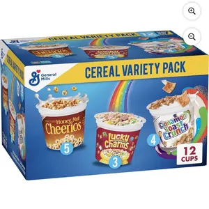 Cereal Variety Pack 12 Cups Honey Nut Cheerios Lucky Charms Cinnamon Toast Crunch Breakfast Cereals