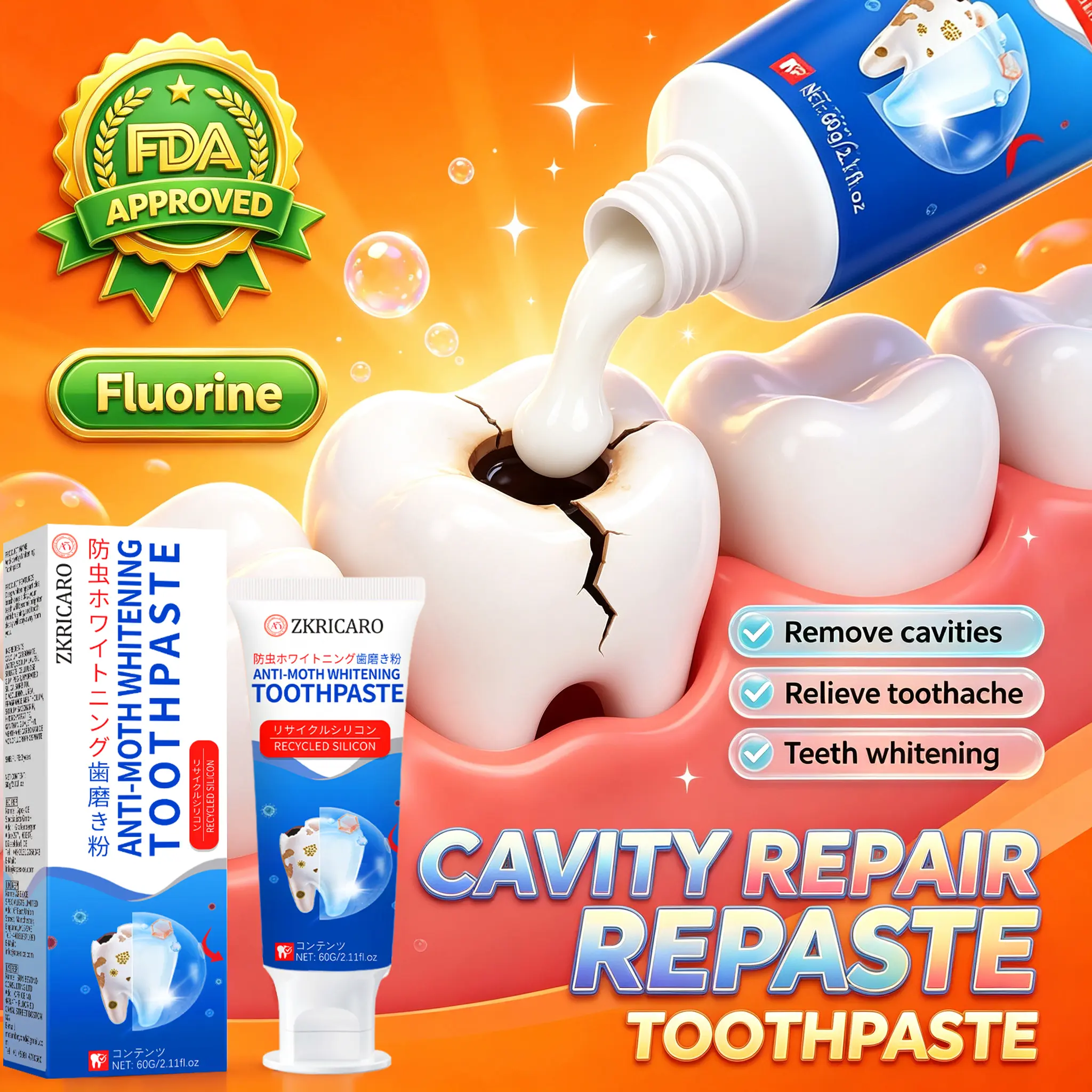 ZKRICARO ANTI-MOTH WHITENINGTOOTHPASTE - Advanced Enamel Repair Formula, Anti-Moth Whitening Toothpaste for Deep Stain Removal & Yellow Teeth, 60g Oral Antibacterial Daily Gentle Herbal Mint