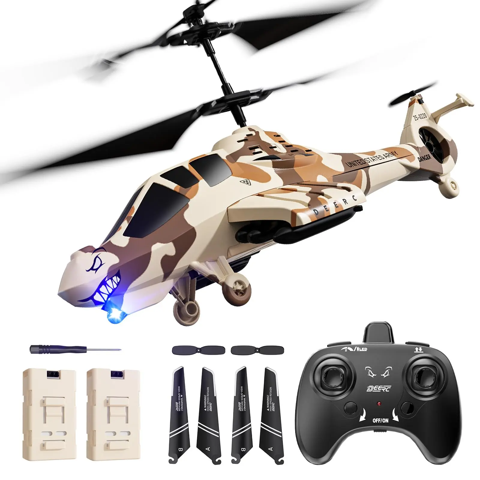 DEERC SQN013 RC Helicopter for Kids & Adults, 2.4GHz Remote Control Helicopter | 2 Batteries 26 Mins Play, Altitude Hold Indoor Flying Toy W/ 2 Speed, LED Light, Military Helicopter Toy for Boys Girls