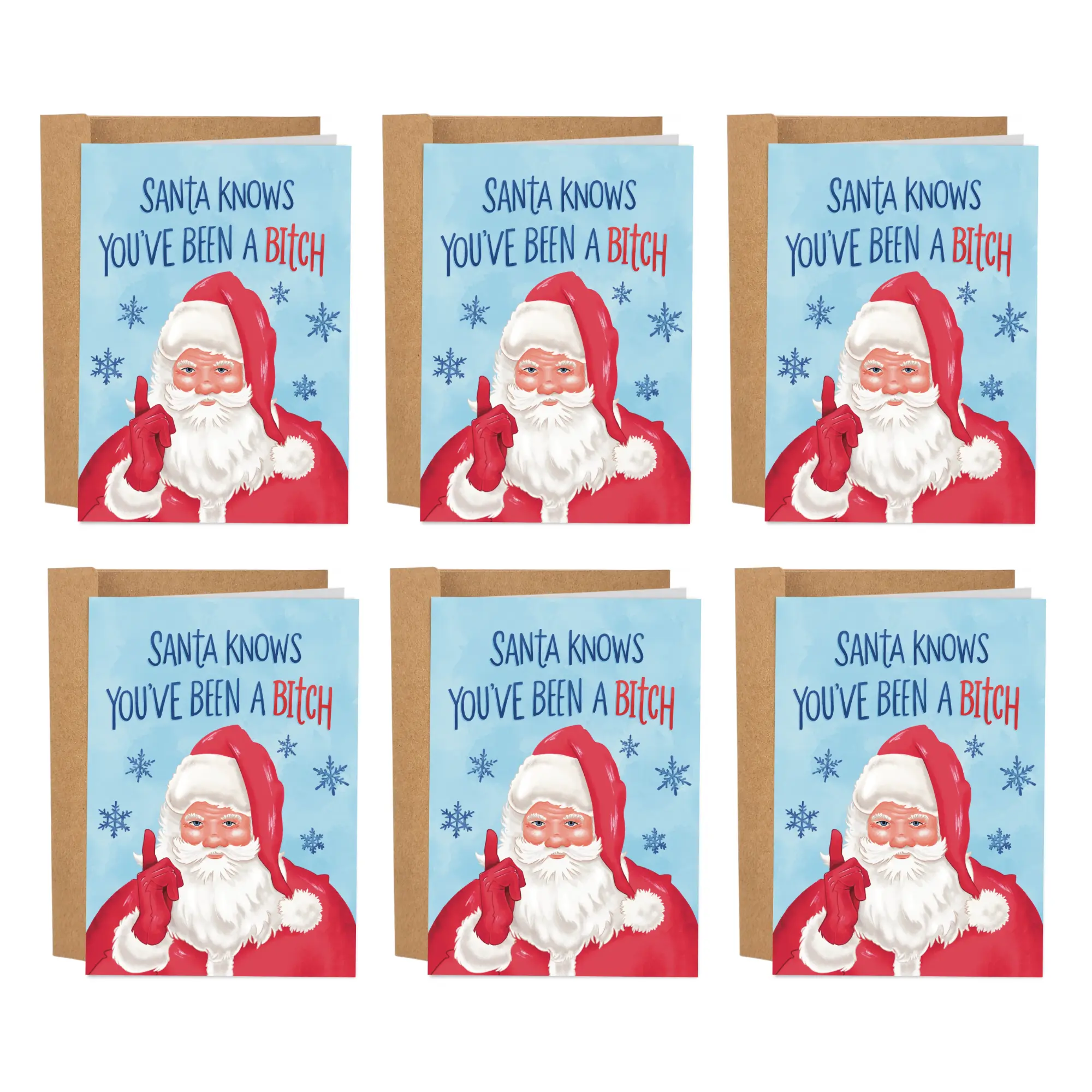 Sleazy Greetings Custom Message Christmas Card Bundle - Santa Knows You've Been A B*tch Funny Design, 6-Count Office Stationery Card, Custom Message Card