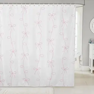 Pink Coquette Bow Shower Curtain,Cute Pink Bowknot Bathroom Decor for Girls Kids,Princess Ribbon Bow Tie Bathroom Set,Kawaii Fabric Shower Curtain