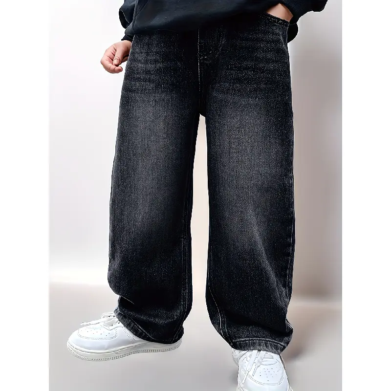 (New) Boys' Polyester-Viscose Blend Loose Cut Jeans - Stylish, Stretchy Streetwear, Comfortable Mid-Waist Elastic Waist Long Pants, Casual Wear for Back-To-School, All-Season Kids' Fashion Essential (Fits 11-12y,13y,14-15y), Mid Waist Jeans