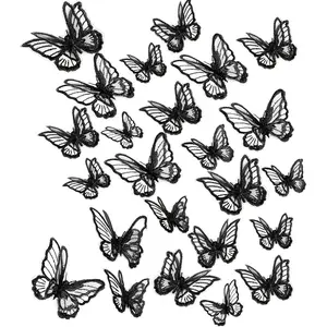 20 Pieces 2 Sizes Double Layers Organza Butterfly Embroidery Lace Applique Patches for Wedding Bridal Dress Sewing Craft DIY Clothes Hair Black